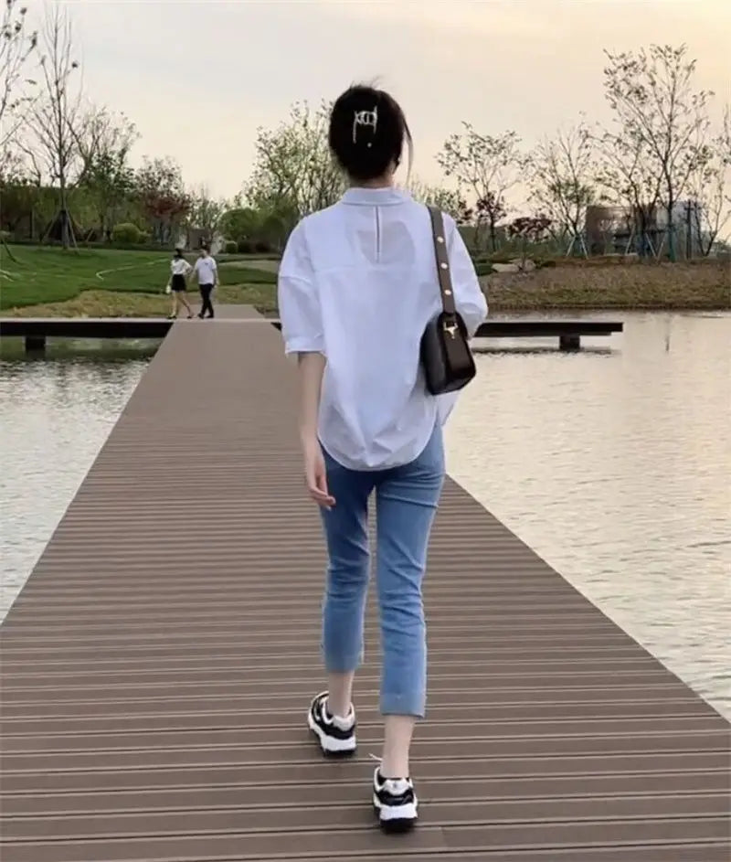 NoEnName_Null Women's Loose Fit Casual Shirt – Turn-down Collar Batwing Sleeve Cardigan