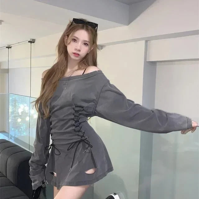 NoEnName_Null Y2K Style A-Line Mini Dress with Diagonal Collar and Bandage Detail - Autumn/Winter Fashion for Women