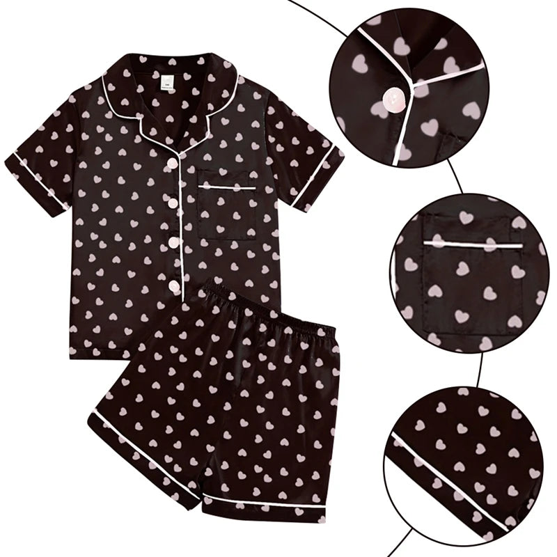 NoEnName_Null Girls' Satin V-Neck Print Sleepwear - Comfortable Summer Pajamas