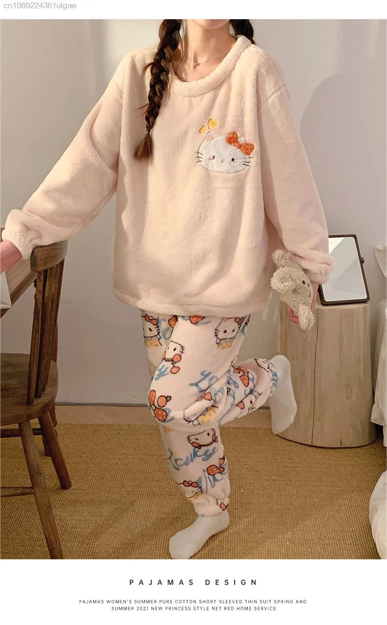 MINISO Korean Style Women's Autumn/Winter Hello Kitty Cartoon Fleece Pullover & Ankle-Length Sleepwear Set