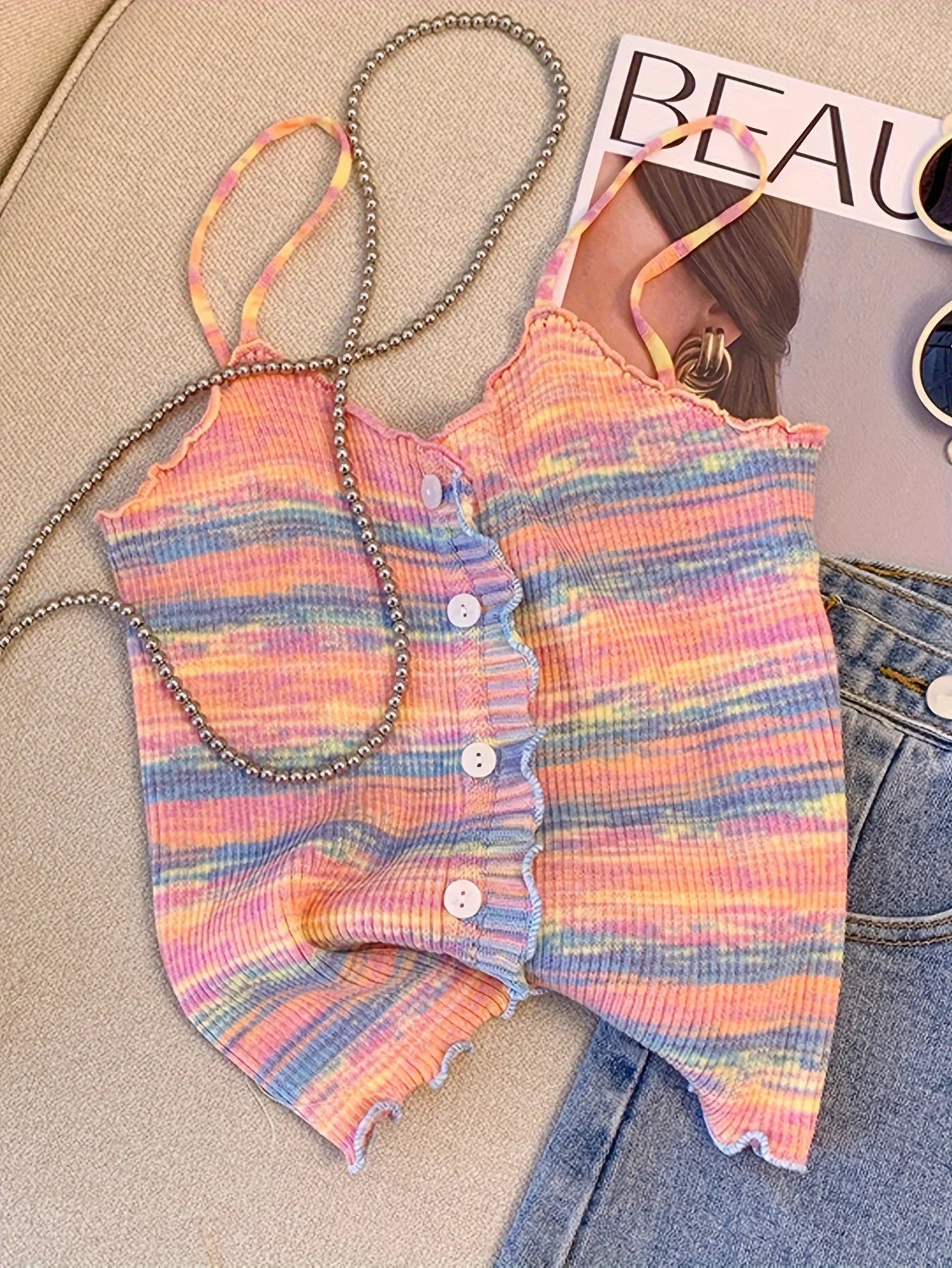 Abebey Women's Super-Short Tie-Dye Knitted Top - Casual Summer Wear