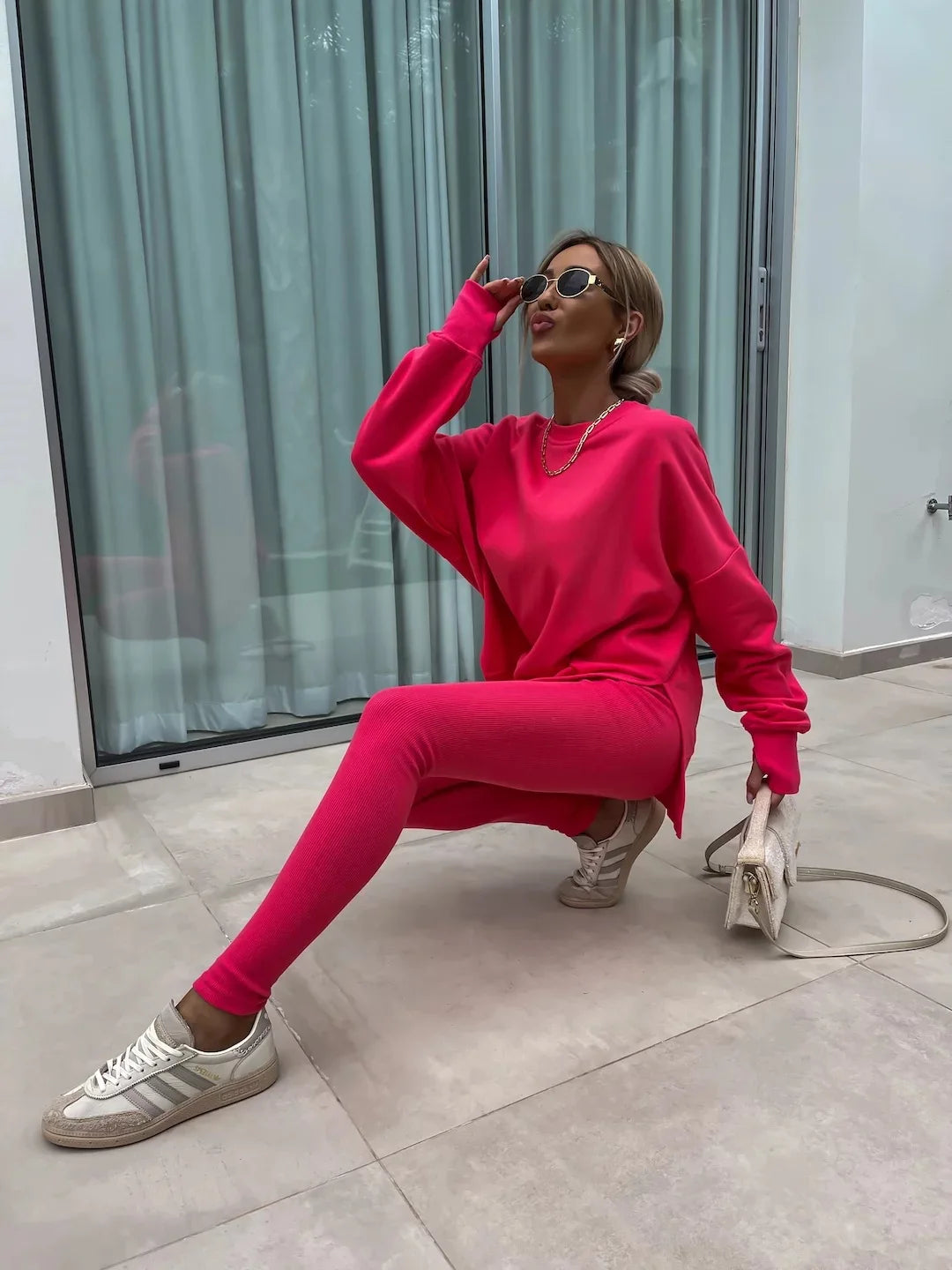 NoEnName_Null Women's Casual Pullover Set - Solid Color, Mid Waist, Full Sleeve - Autumn/Winter 2024