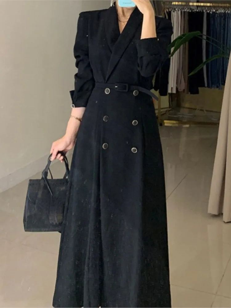 NoEnName Women's Office Lady A-Line Mid-Calf Dress – Double Breasted, Notched Neckline, and Sashes Decoration