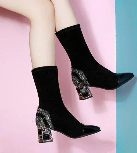 Shangkaka Women's Mid-Calf Sock Boots – Crystal Detailing, Pointed Toe, High Square Heel