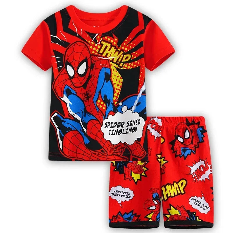 MINISO Kids Cartoon Pajama Sets – Short Sleeve Summer Outfits for Boys & Girls (Spiderman, Iron Man, Mickey, Elsa & More)