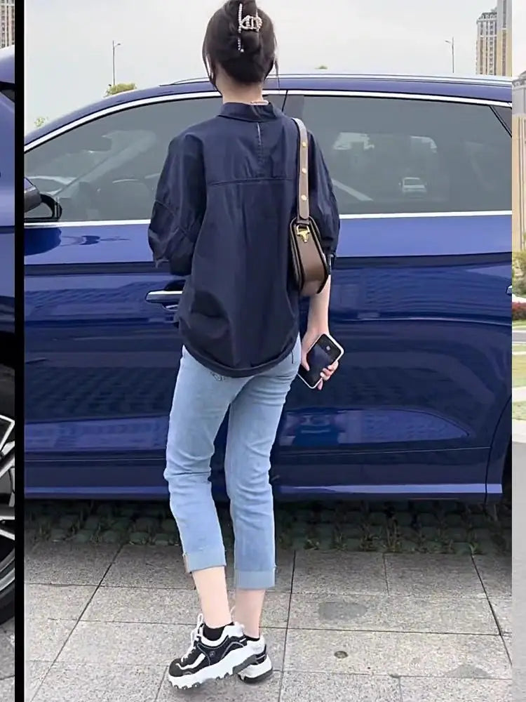 NoEnName_Null Women's Loose Fit Casual Shirt – Turn-down Collar Batwing Sleeve Cardigan