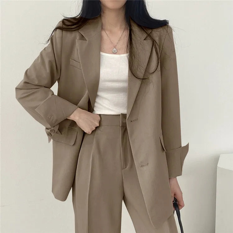 eDressU Women's Casual High-Waist Wide Leg Pant Suit - Full Length, Loose Fit, Shawl Collar, Pockets, All-Season Polyester