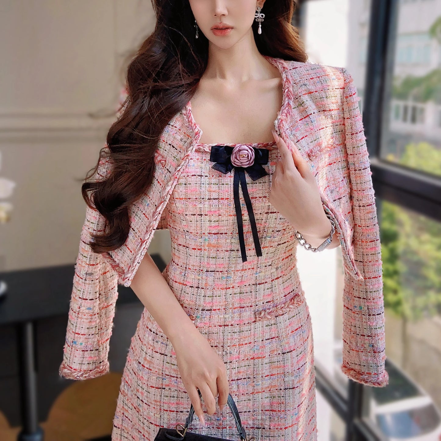 Dabuwawa Women's England Style Plaid A-Line Dress with Tassel, Button, and Patchwork Details – Autumn/Winter Collection
