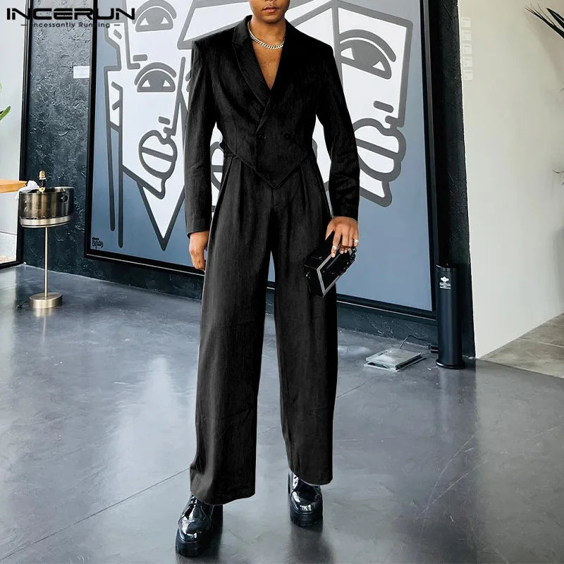 Men’s Solid Color Casual Set – Comfortable Polyester with Notched Collar & Elastic Waist