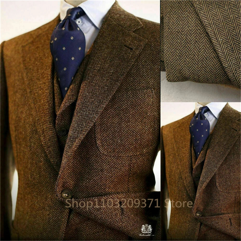 Brown 2024 Men's Suits Men 3 Pieces Slim Fit Business Groom Peaked Lapel Tuxedos For Formal Wedding Suit (Blazer+Vest+Pants)