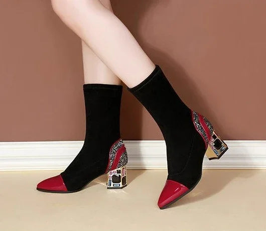 Shangkaka Women's Mid-Calf Sock Boots – Crystal Detailing, Pointed Toe, High Square Heel