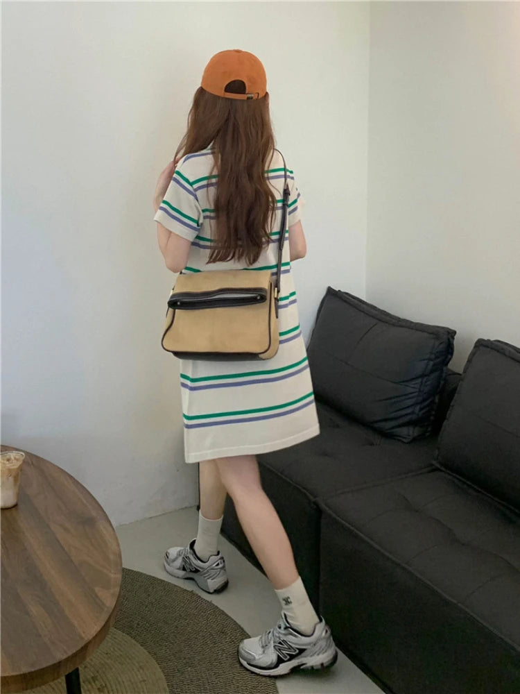 Frankivsk Women's Japanese Style Striped Turn-Down Collar Mini Dress for Spring/Summer