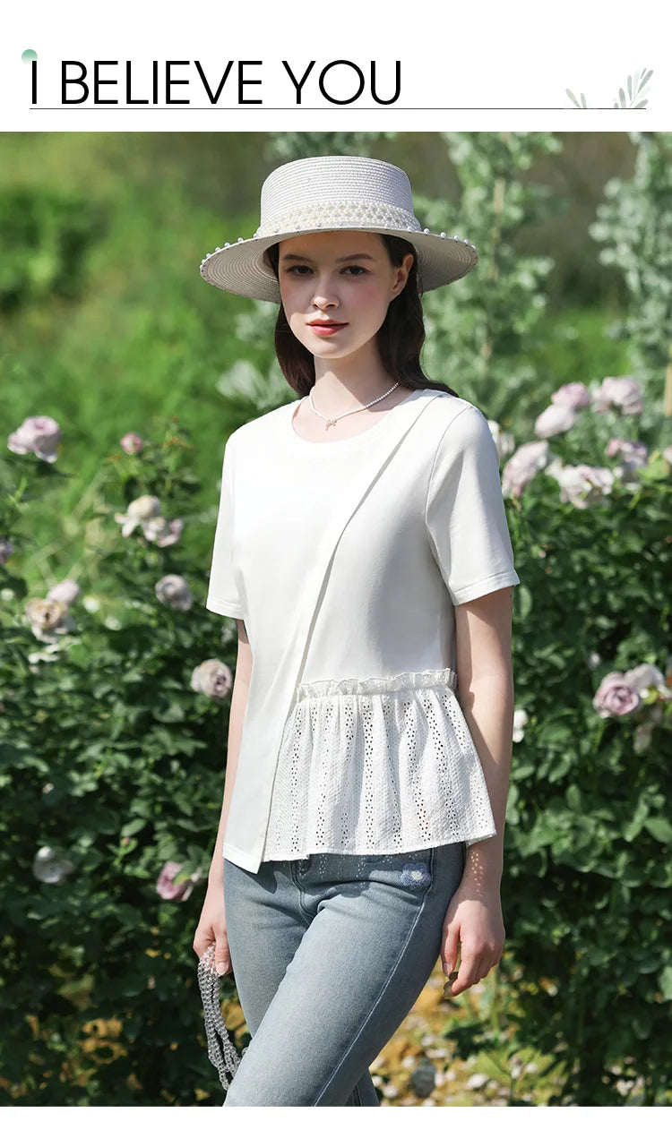 Women's Hollow-Out O-Neck Cotton Blend T-Shirt – Summer 2024 | Office Lady Style by I BELIEVE YOU