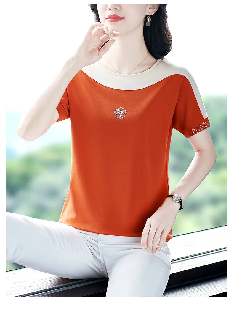 Moeroshe Women's Casual Patchwork O-Neck Tee - Cotton, Classic Style, Summer 2024 Release