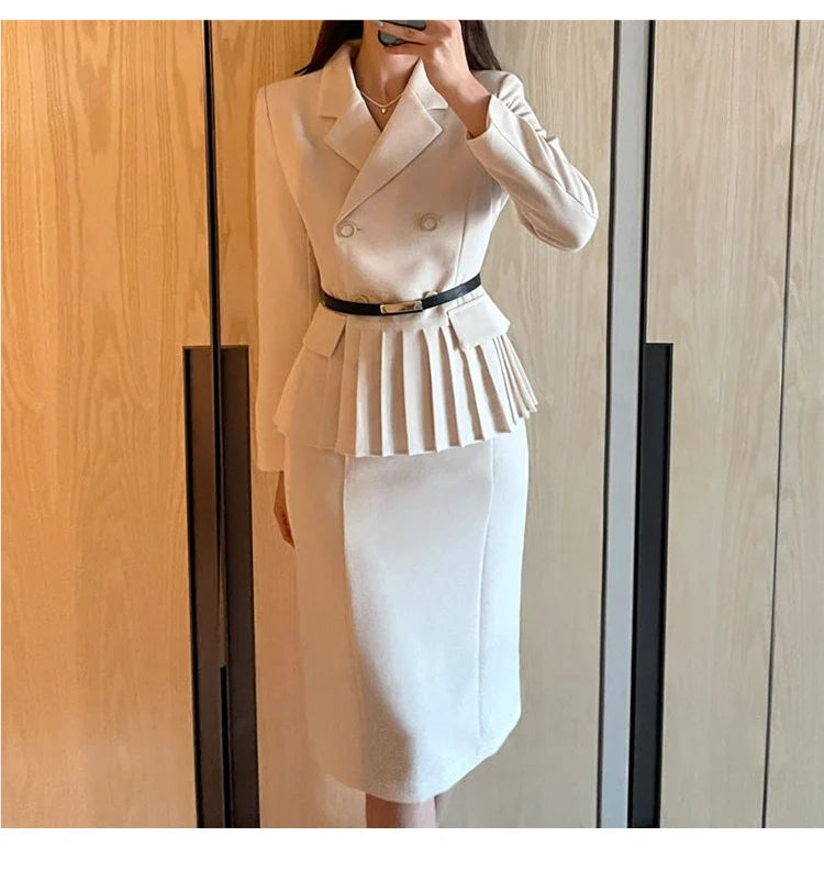 Autumn Spring Office Ladies Two Piece Set Double-Breasted White Ruffles Belt Blazer Tops + Split Pencil Skirt Suit