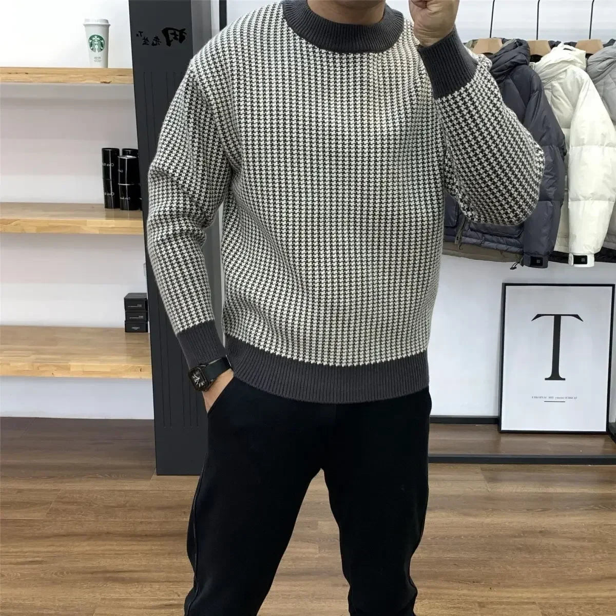 Shangkaka Men’s Autumn & Winter Patchwork Knit Sweater - Thick, Comfortable Pullover