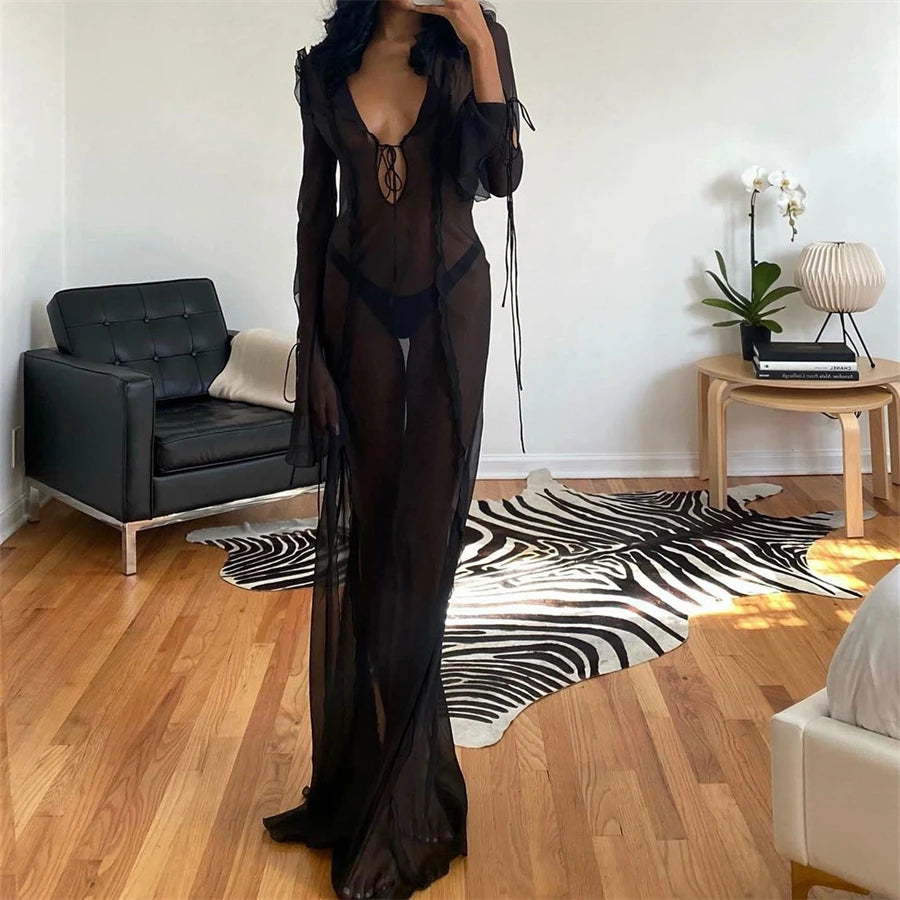 ይመልከቱ-በ Ruffles V የአንገት ማሰሪያ የባህር ዳርቻ ረጅም ቀሚስ የበጋ ሴክሲ የቢኪኒ ሽፋን-አፕ ረጅም እጅጌ ከፍ ያለ የተከፈለ የሄም ሜሽ ቀሚስ