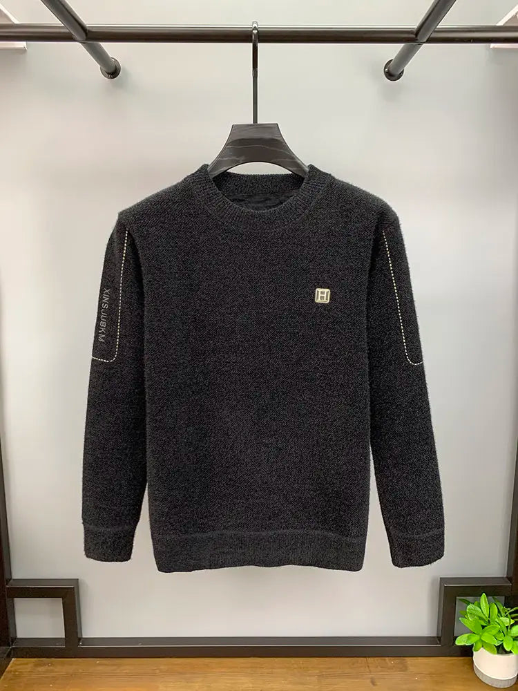 Autumn Winter Warm Fleece Men Sweater - Casual Pullover with Embroidery