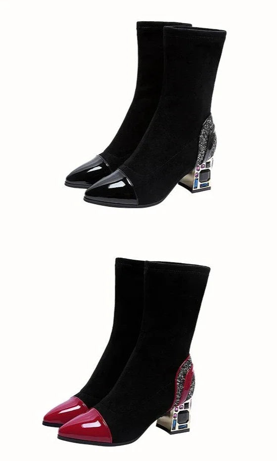 Shangkaka Women's Mid-Calf Sock Boots – Crystal Detailing, Pointed Toe, High Square Heel