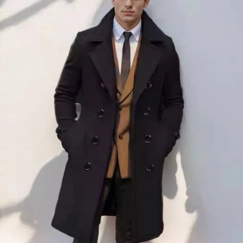 Winter Wool Overcoats Mens Outdoor Casual Double-breasted Turndown Collar Coats.