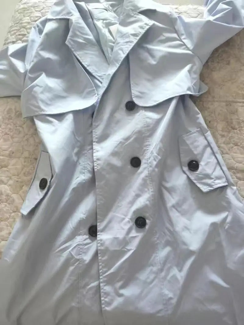 NoEnName_Null Women's Preppy Style Double-Breasted Trench Coat with Ruched and Spliced Details