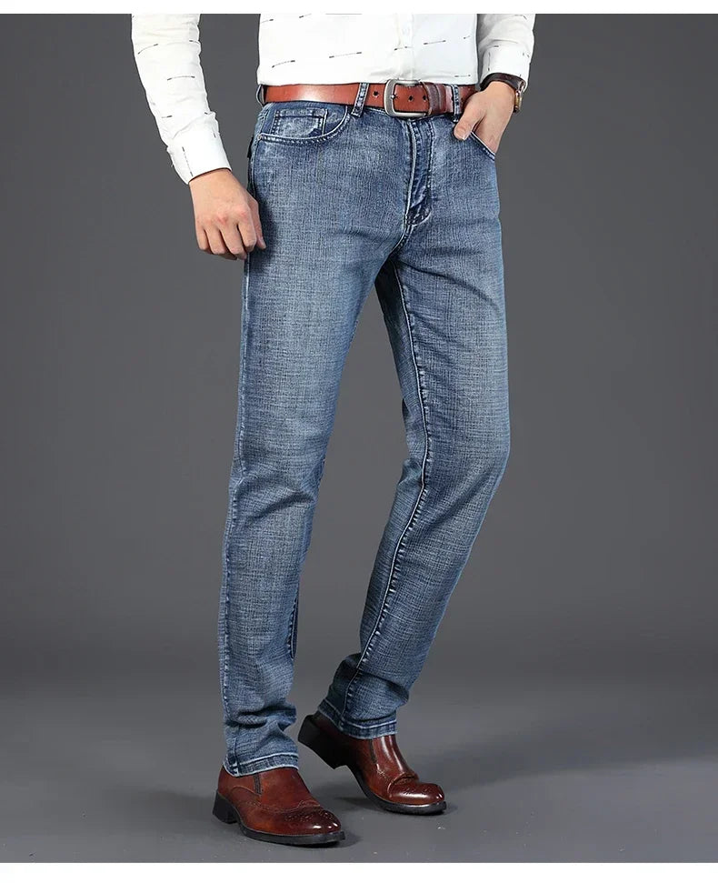 WTHINLEE Men's Smart Casual Mid-Waist Denim Jeans - Straight Fit, Full-Length, Midweight