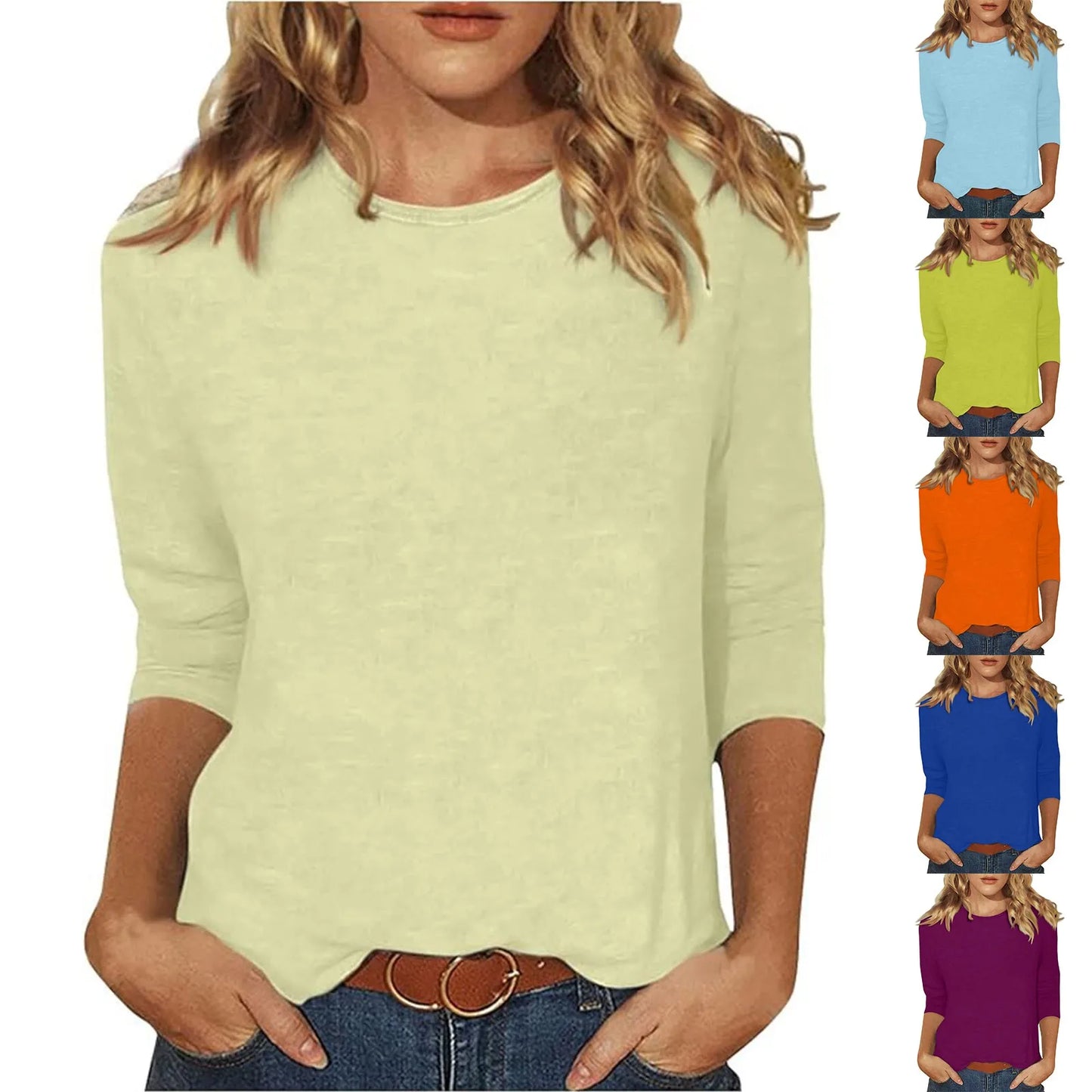 Women's Summer T-Shirts 2024 Fashion Casual Everyday Versatile O-Neck 3/4 Length Sleeve Tops Solid Color T-Shirt Tops Plus Size