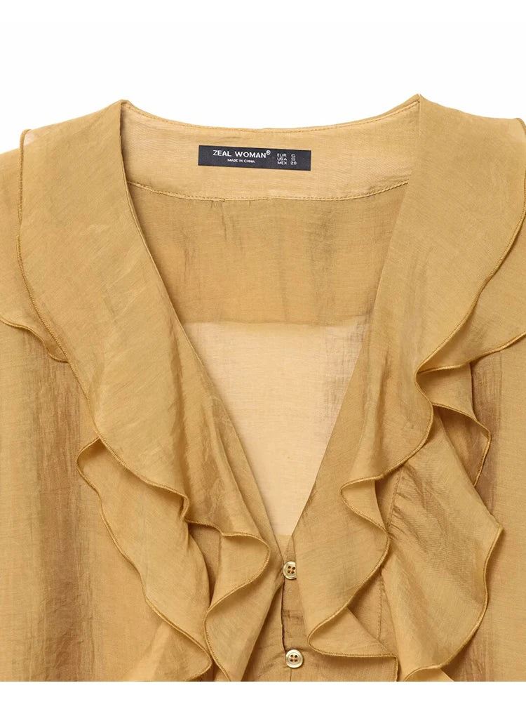 Women's Ruffle V-Neck Button-Down Vintage Shirt Spring Summer 2025 Kumsvag