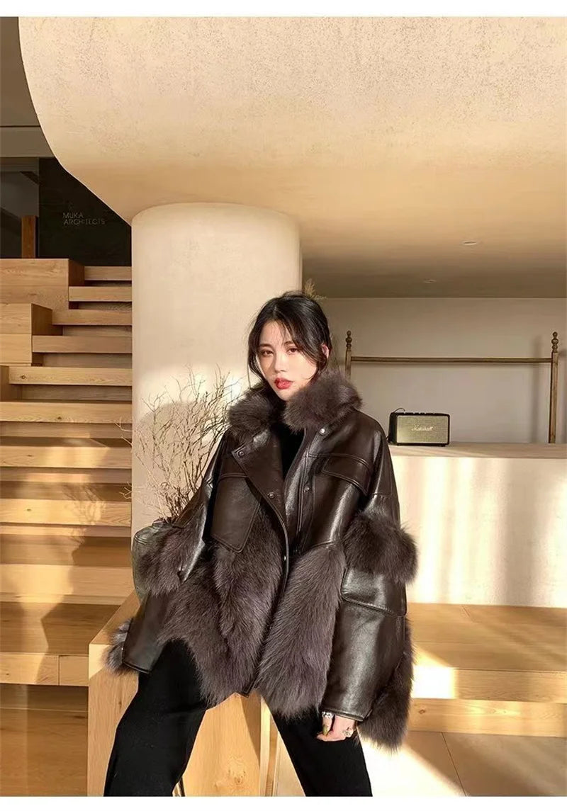 MEILUOYAFAN Women's Winter Office Lady Loose Fit Patchwork Jacket with Button & Pockets – Single Breasted, Turn-Down Collar