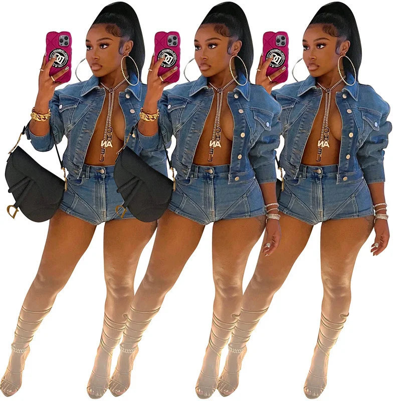 Doyerl Women's 2-Piece Denim Shorts Set – Streetwear Fashion for Autumn/Winter