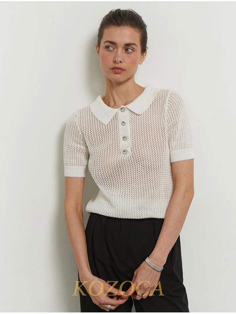KOZOCA Women's Hollow-Out Knit T-shirt – Casual Solid Spring/Summer Top