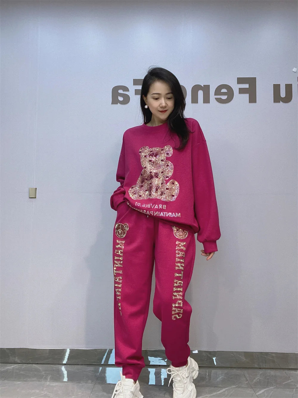 NoEnName_Null Casual Autumn/Winter Cartoon Pattern Pullover Set with Drawstring Waist and Pockets   