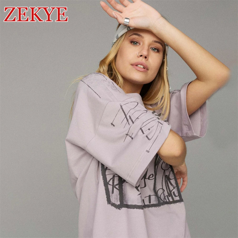 Zekye Casual Letter Print T-Shirt for Women – Slight Stretch, O-Neck, All-Season Comfort
