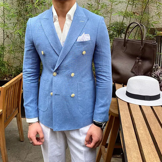 Casual Linen Double Breasted Peak Lapel Regular Length Slim Fit 2 Piece Jacket Pants Beach Tailor Full Set Chic Blazer for men