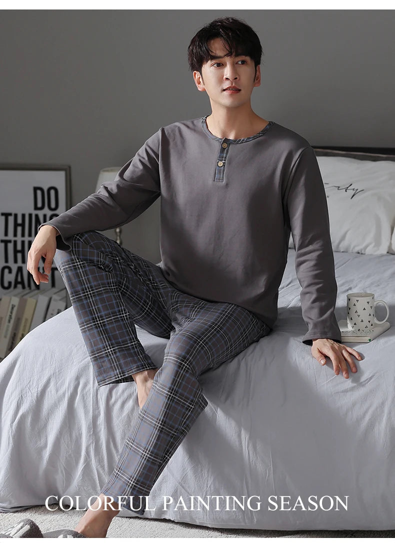 Elegant Man's Pajamas Loungewear 2023 Autumn Winter New Big Size 3xl 4xl Knitted Cotton Sleepwear Fashion Lounge Set Nightwear