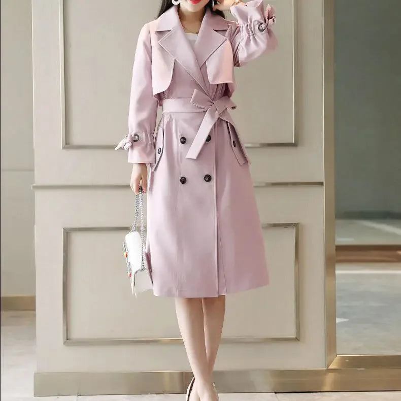 NoEnName_Null Women's Preppy Style Double-Breasted Trench Coat with Ruched and Spliced Details