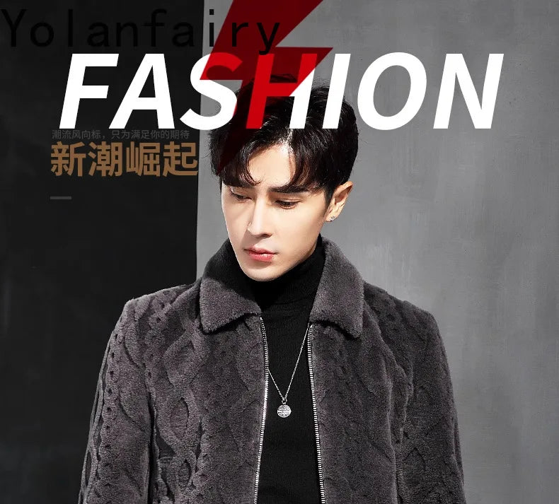 YOLANFAIRY Men's Luxury Real Fur Winter Jacket – Slim Fit, Full Sleeves, Zipper Closure, Casual Beach Style