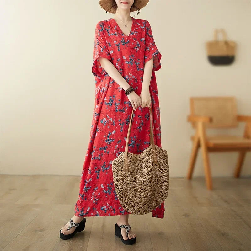 Boho Floral Cotton-Linen Summer Dress for Women – Ankle-Length, Loose Fit, O-Neck