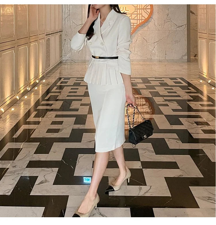 Autumn Spring Office Ladies Two Piece Set Double-Breasted White Ruffles Belt Blazer Tops + Split Pencil Skirt Suit