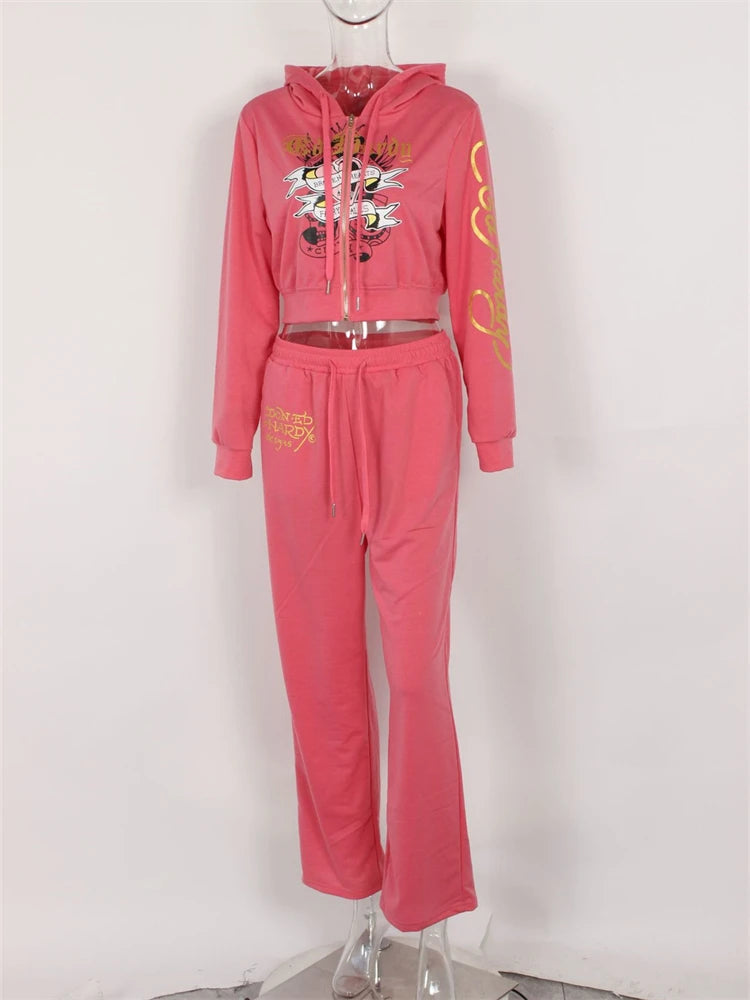 Kontturi Streetwear Women's Autumn/Winter Hooded Zip-Up Set with Ankle-Length Pants