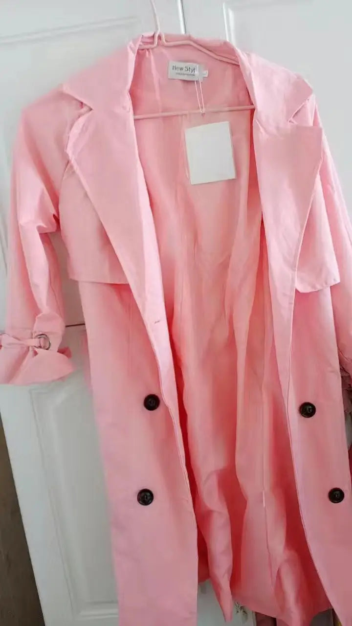 NoEnName_Null Women's Preppy Style Double-Breasted Trench Coat with Ruched and Spliced Details