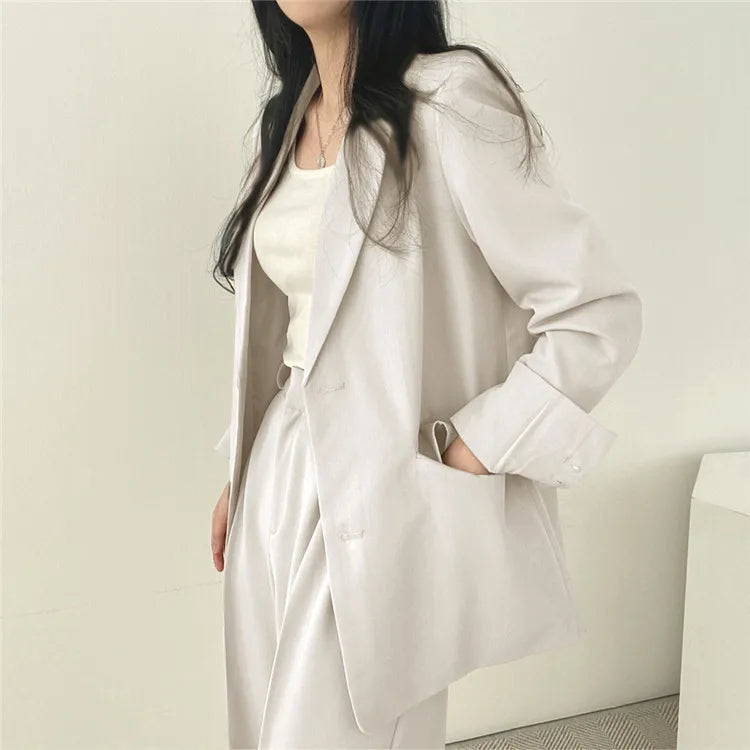 eDressU Women's Casual High-Waist Wide Leg Pant Suit - Full Length, Loose Fit, Shawl Collar, Pockets, All-Season Polyester