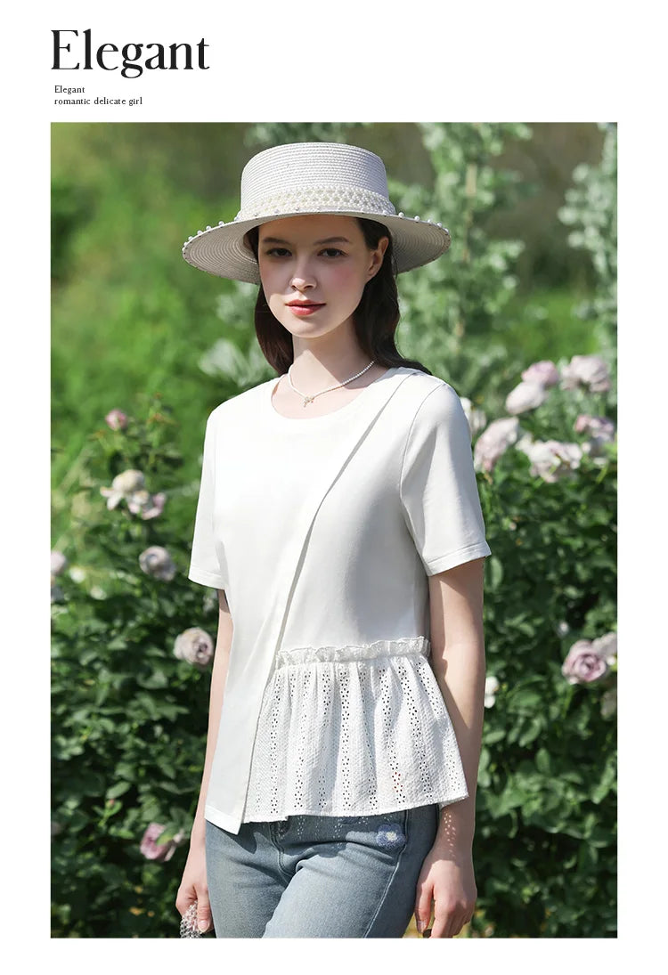 Women's Hollow-Out O-Neck Cotton Blend T-Shirt – Summer 2024 | Office Lady Style by I BELIEVE YOU
