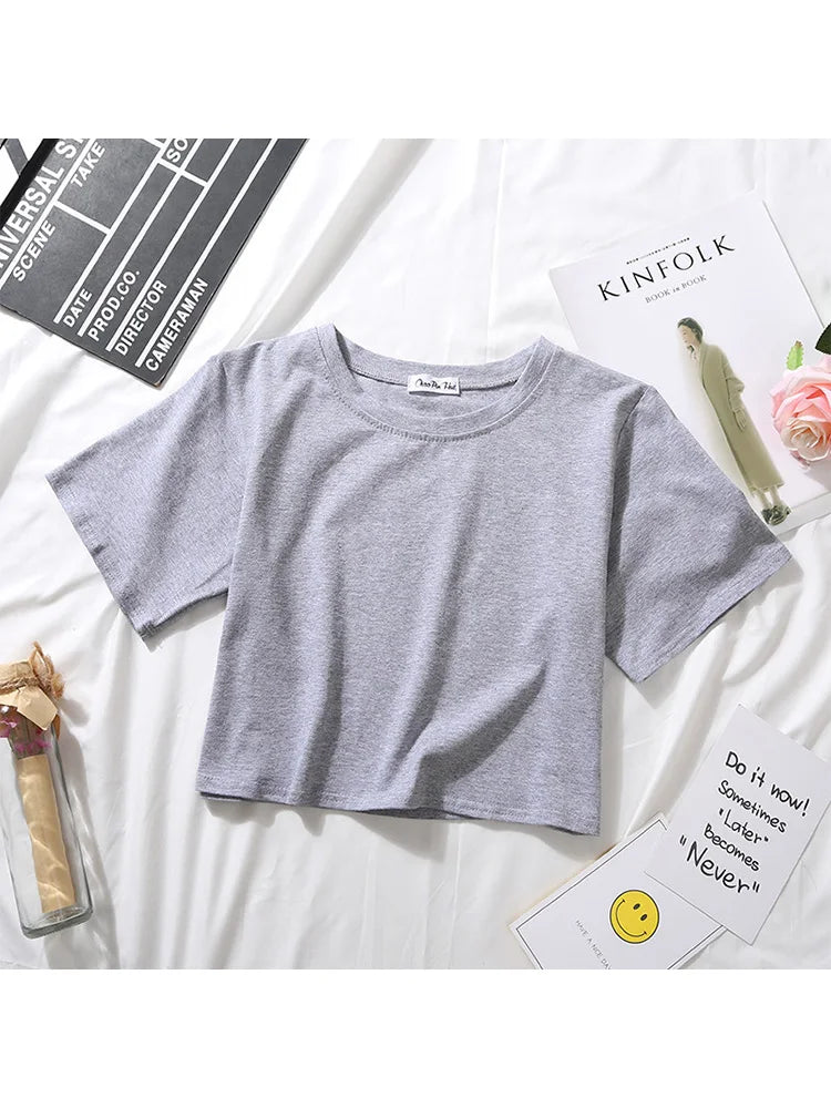 Summer Short Sleeve T Shirts Women  Solid O Neck High Waist Crop Top Tee Female Casual Loose T Shirt