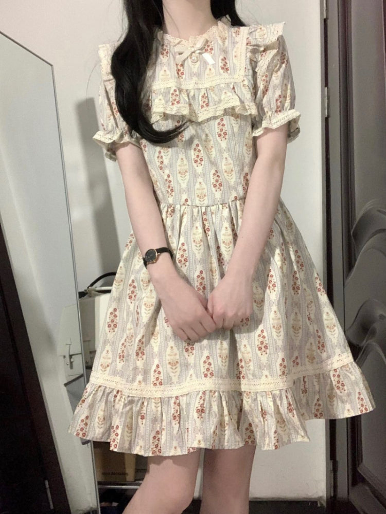 NQYW Women's Knee-Length Print Dress with Bow Neckline - Preppy Style Summer Gown