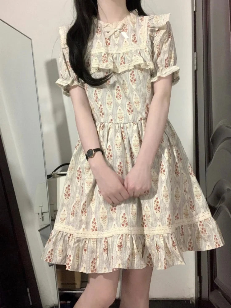 NQYW Women's Knee-Length Print Dress with Bow Neckline - Preppy Style Summer Gown