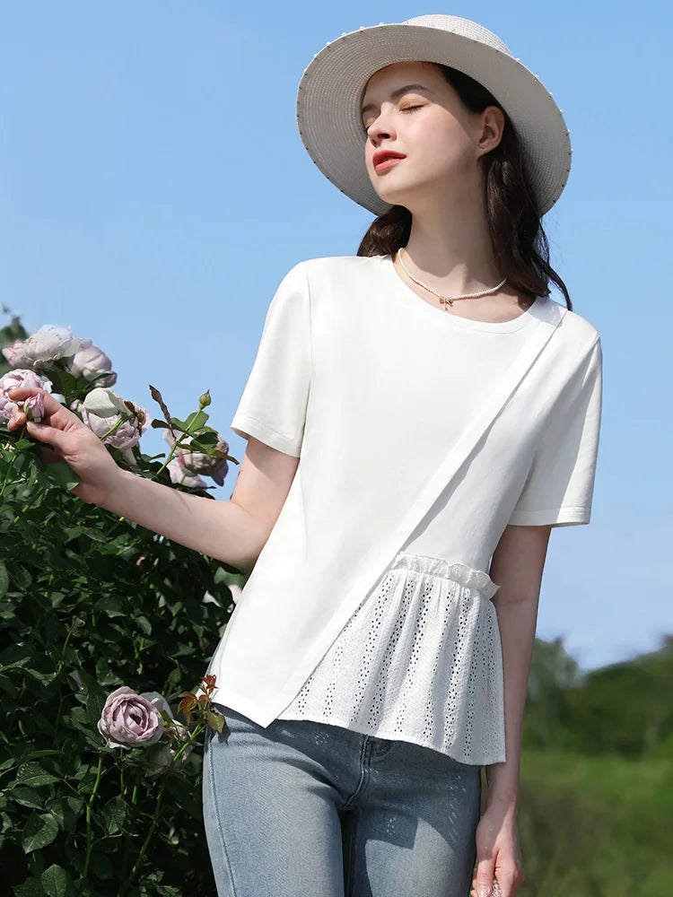 Summer New T-shirts For Women 2024 Spliced Hollow Out Pleated Short-sleeve Casual Fashion Female Blouse 2242015652