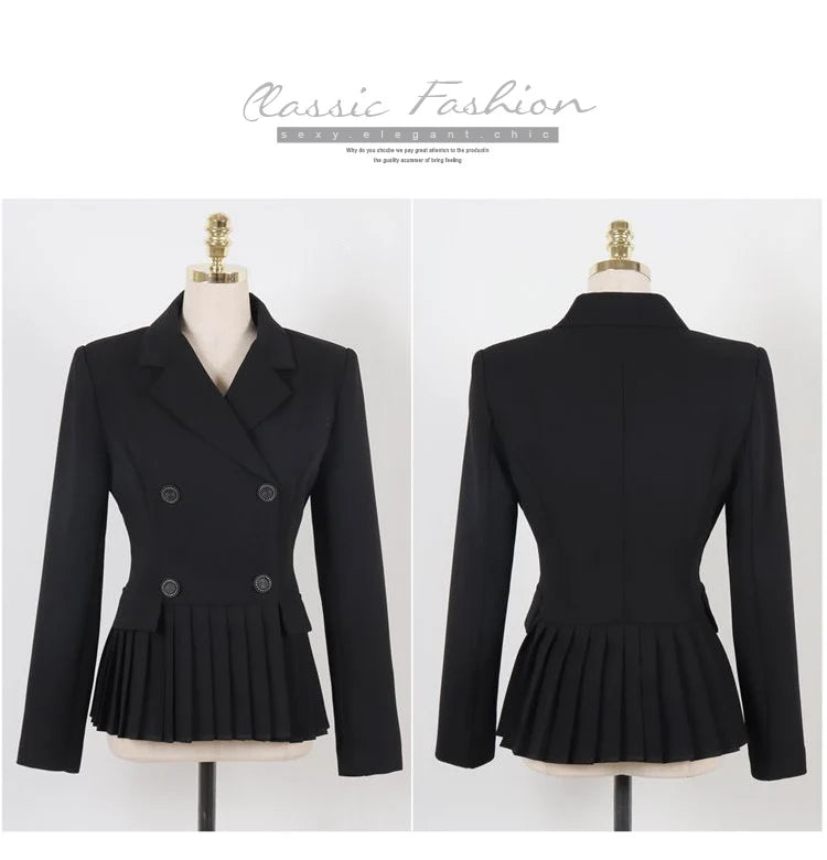 Autumn Spring Office Ladies Two Piece Set Double-Breasted White Ruffles Belt Blazer Tops + Split Pencil Skirt Suit