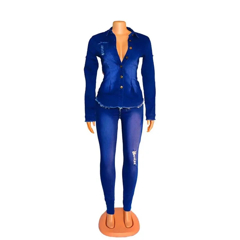 Wulend Casual Denim Two-Piece Set for Women - Solid Button-Front Turn-Down Collar Skinny Fit Jeans Suit