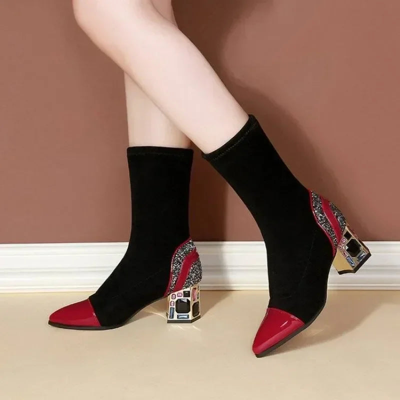 Shangkaka Women's Mid-Calf Sock Boots – Crystal Detailing, Pointed Toe, High Square Heel